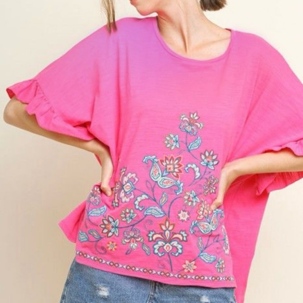 Umgee Hot Pink Top Floral Emnboidery Ruffle Sleeves 100% Cotton BOHO Size S